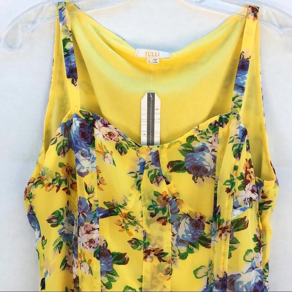 NWT TULLE Womens large Sleeveless Yellow Floral Boning Waist dress (runs small) - Picture 5 of 8